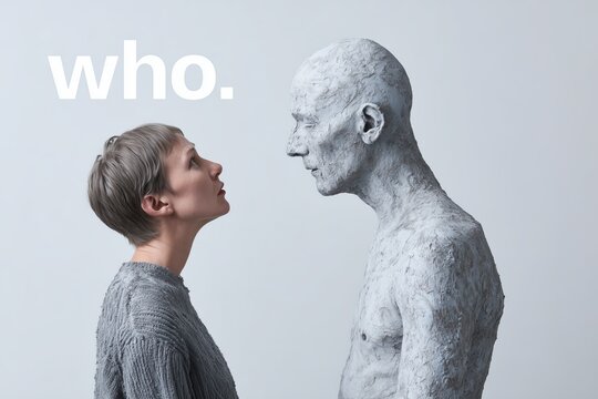 A person with the texture of a wax figure is unresponsive to emotion. This image visualizes emotional numbness, apathy, and profound disconnection from others. Ideal for content on depression