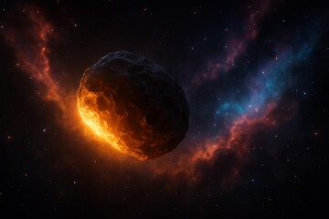 Glowing Asteroid in Cosmic Nebula Amidst Stars and Colorful Gas