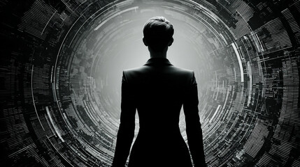 Confident businesswoman in a sleek futuristic environment surrounded by glowing cybernetic interfaces and digital grids. Represents innovation, digital transformation, and the synergy of business and 