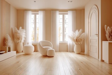 Beige living room with natural light and pampas grass