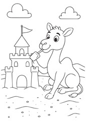 Coloring book camel making a sandcastle at the beach.