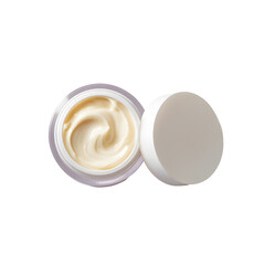 Luxurious face cream sits in an open jar, with its lid nearby, on a transparent background, ready for moisturizing.