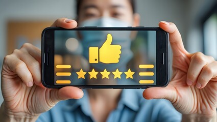Person holding smartphone displaying a five star rating and thumbs up icon