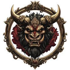 Savage Horned Skull Head Illustration with Dark Ornate Frame and Red Accents. Gothic Fantasy Portrait