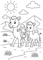 Coloring book two camels walking together under the sun.