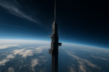 Towering Elevator Reaching for Space Amidst Clouds and Sky