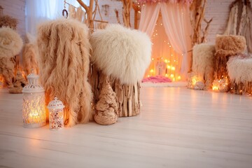 Cozy, boho room with faux fur pillows