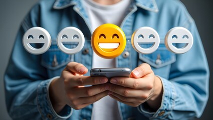 Person holding smartphone with happy emoji icons floating above