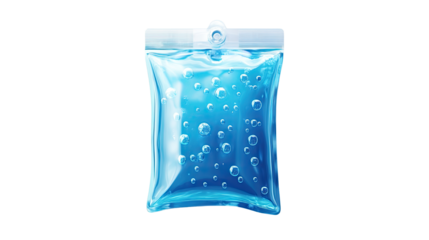 Compact transparent pouch containing blue liquid with suspended air bubbles isolated on white background