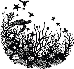 Black and white illustration of marine life including a turtle coral and starfish in a circular design