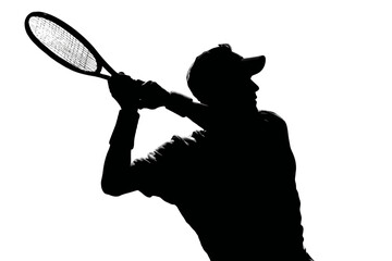 Tennis Player in Mid-Swing with Racket – Black Silhouette on White Background

