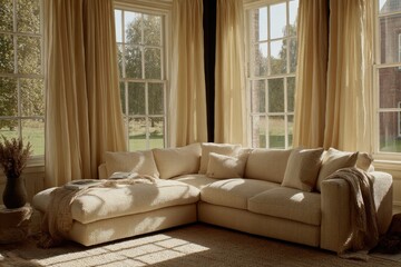 Sunlit cream sectional in a spacious room with large windows