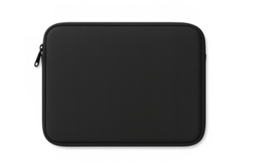 Realistic black laptop sleeve case mockup isolated on transparent background, perfect for showcasing designs and branding