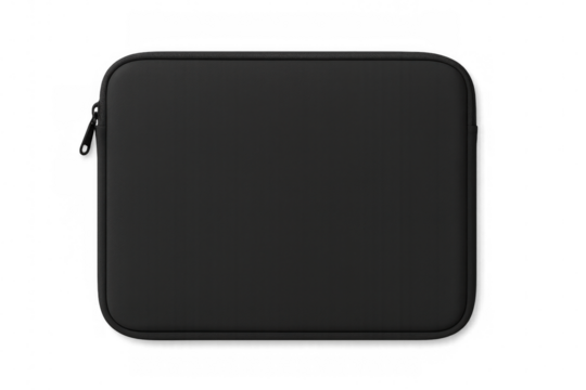 Realistic black laptop sleeve case mockup isolated on transparent background, perfect for showcasing designs and branding