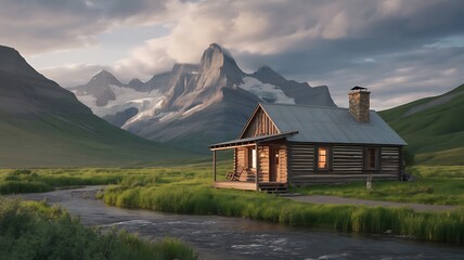 Obraz premium Rustic log cabin in green valley with snowy mountains