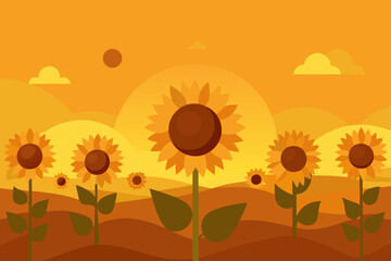 Sunflower Field With Glowing Sun Bokeh And Warm Tones Scene