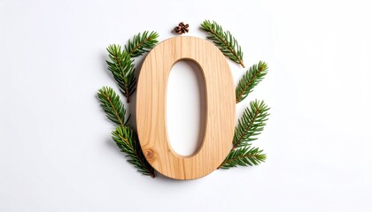 Wooden zero surrounded by pine branches