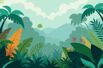 Tropical Jungle Layers With Mist Ferns And Exotic Plants