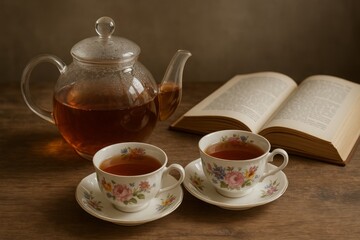 Elegant Teapot and Cups with Open Book on Wooden Table