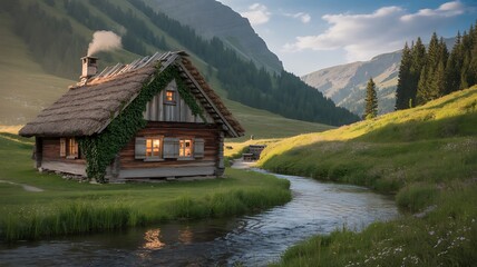 Obraz premium Rustic wooden cabin beside a flowing stream in a mountain valley