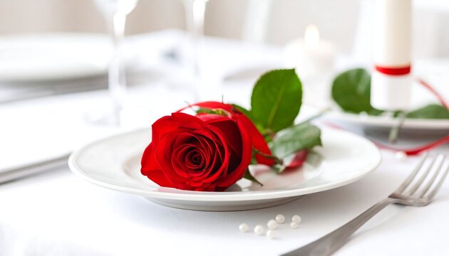 Romantic dinner setting with a red rose