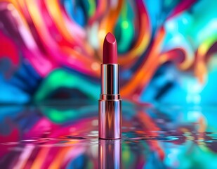lipstick in front of a colorful background.