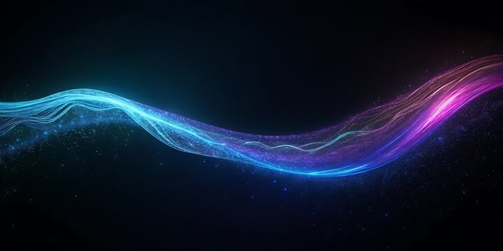 A vibrant abstract wave of glowing blue and purple particles flowing across a dark background.