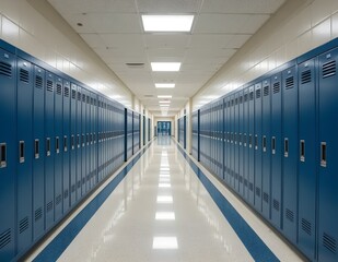 Fototapeta premium A clean, empty school hallway stretches into the distance, lined with rows of identical gray lockers and bright ceiling lights. The polished floor reflects the symmetry and quietness.