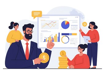 Business team reviewing financial data and discussing investments.