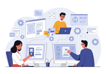 Diverse team collaborating on a project using multiple computer screens.