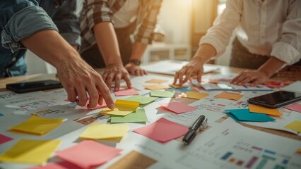 Collaborative team brainstorming session using sticky notes and documents on a table.