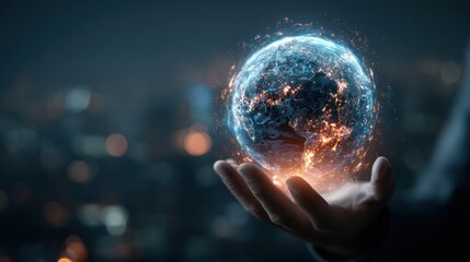 Futuristic Digital Hologram of Earth Floating Above Hand 