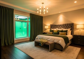 interior of a luxury hotel room, green screen window