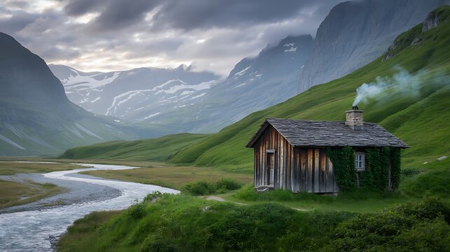 Rustic wooden cabin in green mountain valley with river - Powered by Adobe