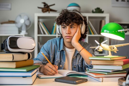 A teenage boy wearing headphones sits at his desk studying, looking pensive