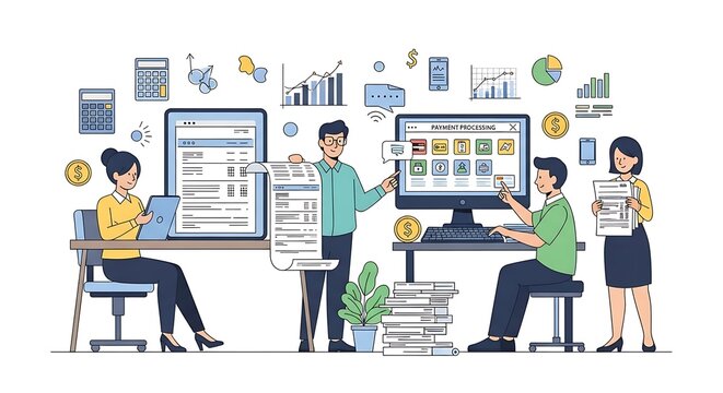 Business team working on payment processing.