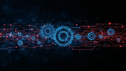 Abstract digital illustration of interconnected gears and circuit boards, showcasing technological advancement.