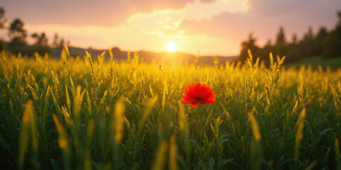 Serene field of tall green grass with a single red poppy for eco-friendly and nature themes. A tranquil field of