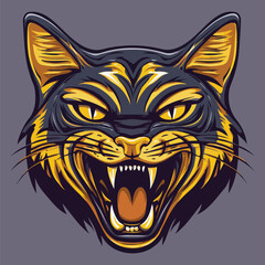 Savage Yellow Cat Head Illustration with Black Stripes and Aggressive Snarl. Wild Feline Mascot