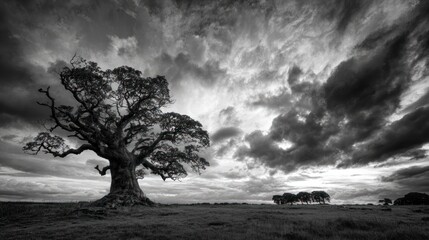 A solitary tree stands in a vast field beneath a dramatic sky