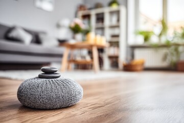 Gray stones balanced on a gray cushion, on a wooden floor, in a modern living room