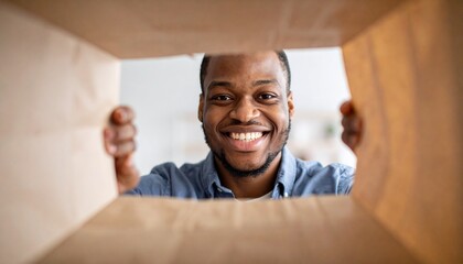 A creative perspective shot from inside a paper bag capturing the joyful face of a man happily unboxing his delivery.