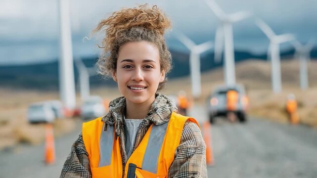 Future of Green Energy: A smiling female engineer stands confidently in front of a wind farm, showcasing her role in shaping a sustainable future.