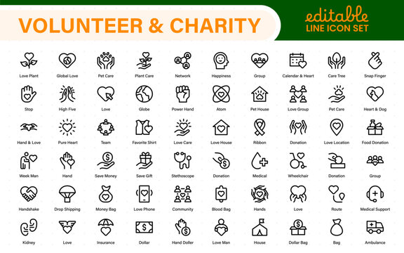 Volunteer and charity icon collection. Thin line style, editable strokes for creative projects, mobile apps, websites, and branding focused on community and helping hands.