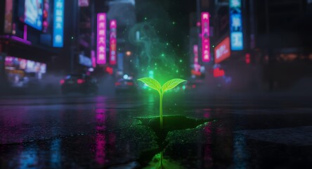 Naklejka premium Glowing Green Sprout in Futuristic Cyberpunk City – 4K Stock Video.