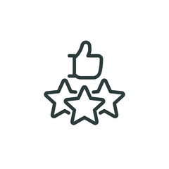 Customer satisfaction, best choice, customer review, outline icon. Line sign thumb up and three stars. Vector isolated pictogram for web and apps on white background editable stroke.