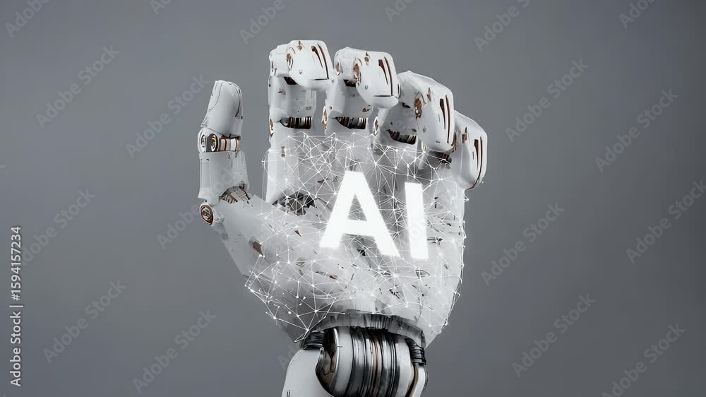 Aufkleber a robot hand with a hologram of the text ai on the palm, in a white and grey color scheme. this is a
