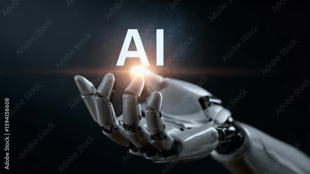 Aufkleber a robot hand with a hologram of the text ai on the palm, in a white and grey color scheme. this is a