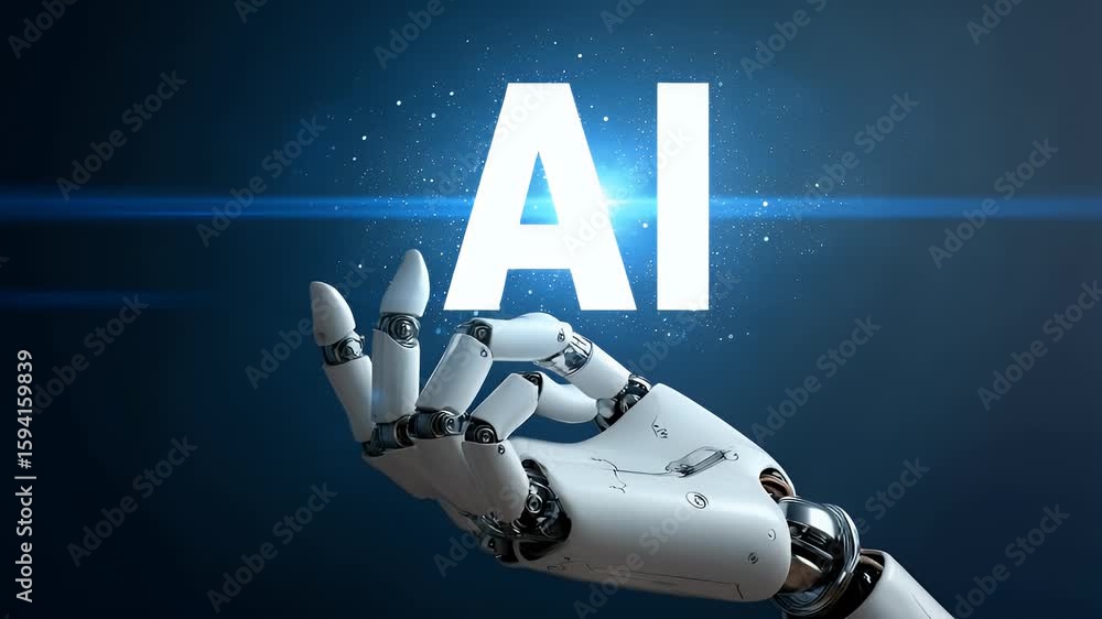 Poster 3d render of a robot hand holding a hologram with the text ai on it, isolated over a dark background
