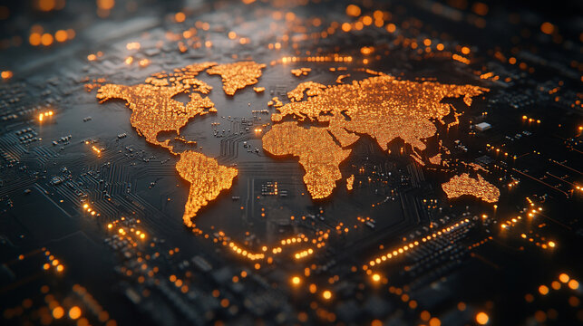 A sleek white microchip embedded with a glowing global map, symbolizing worldwide digital connectivity and futuristic technology. Bright, minimalistic tone represents clarity and innovation.

